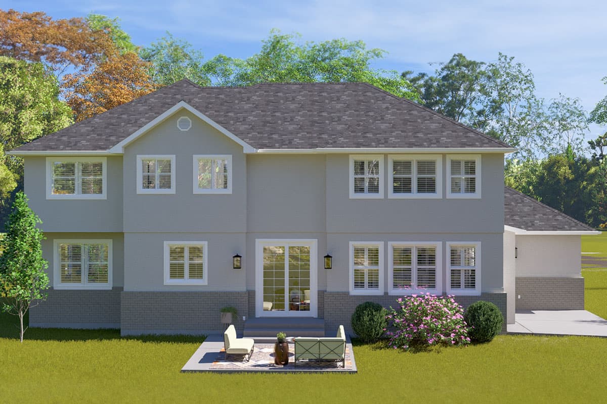 Two-story house plan exterior with gray stucco and brick base, gabled front, and multiple double-hung windows.