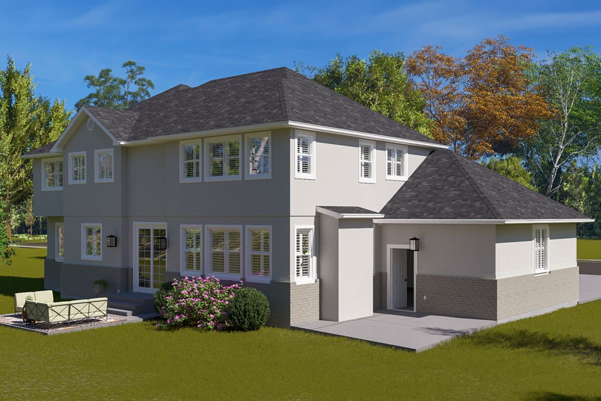 Two-story house plan exterior with a gabled roof, multiple windows with shutters, and attached garage.