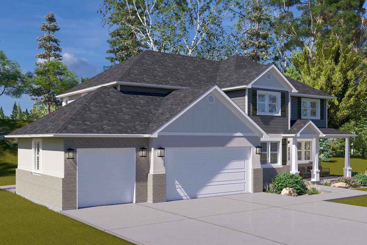 House plan exterior for a two-story home with a side-entry three-car garage, prominent gables, and a covered front porch.