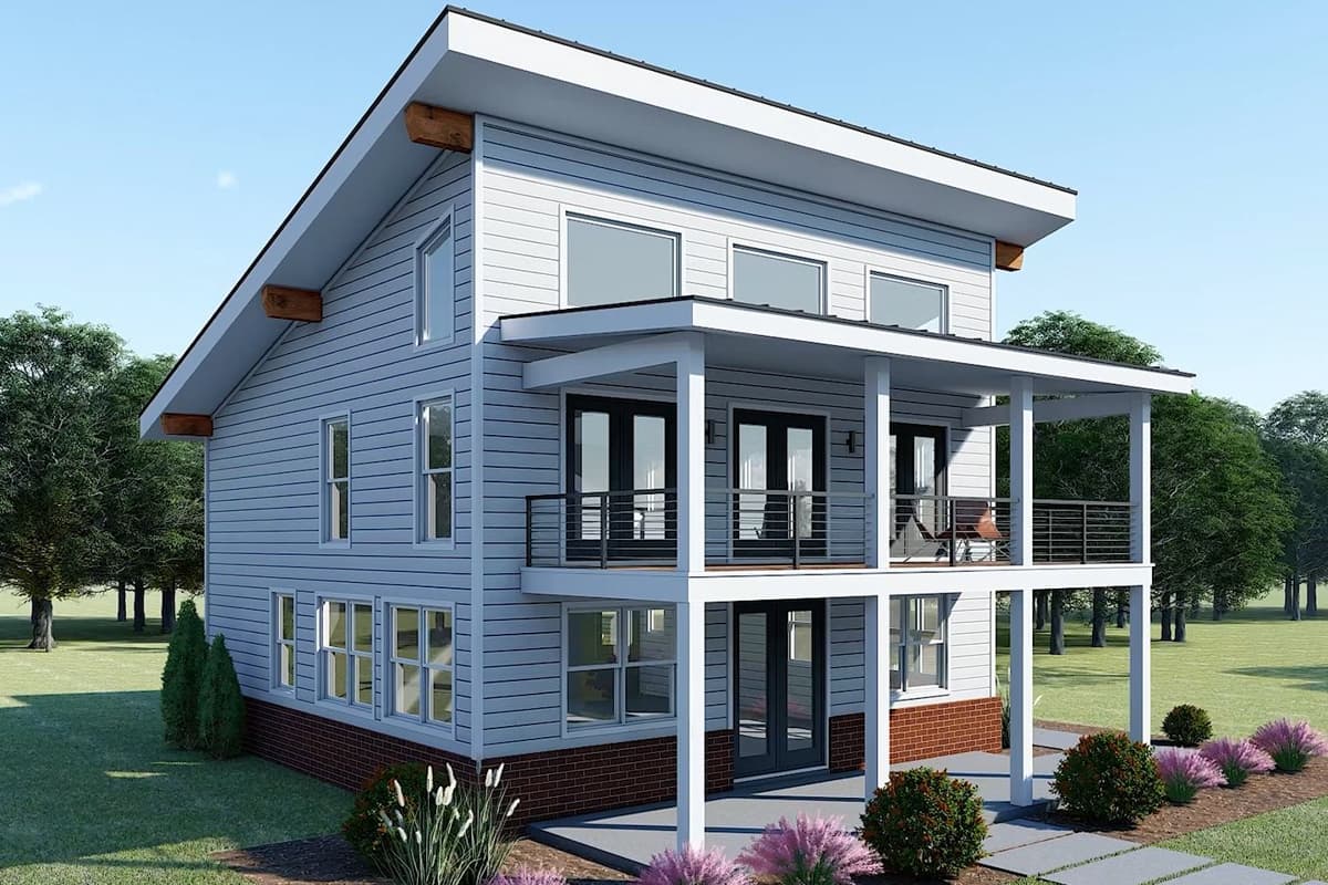 Two-story Modern house plan with a prominent pitched roof, two-level porch, and horizontal siding.