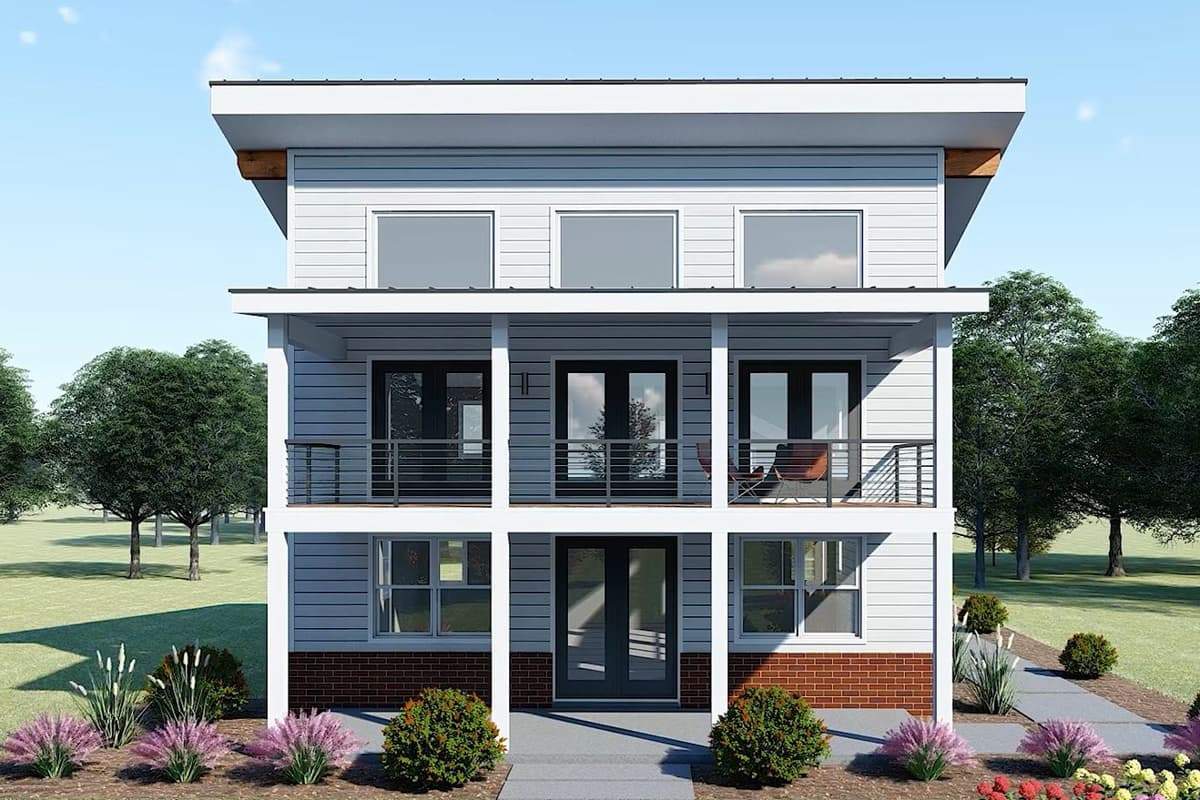 House plan exterior: two-story Modern home with double-level porch, horizontal siding, and flat roofline.