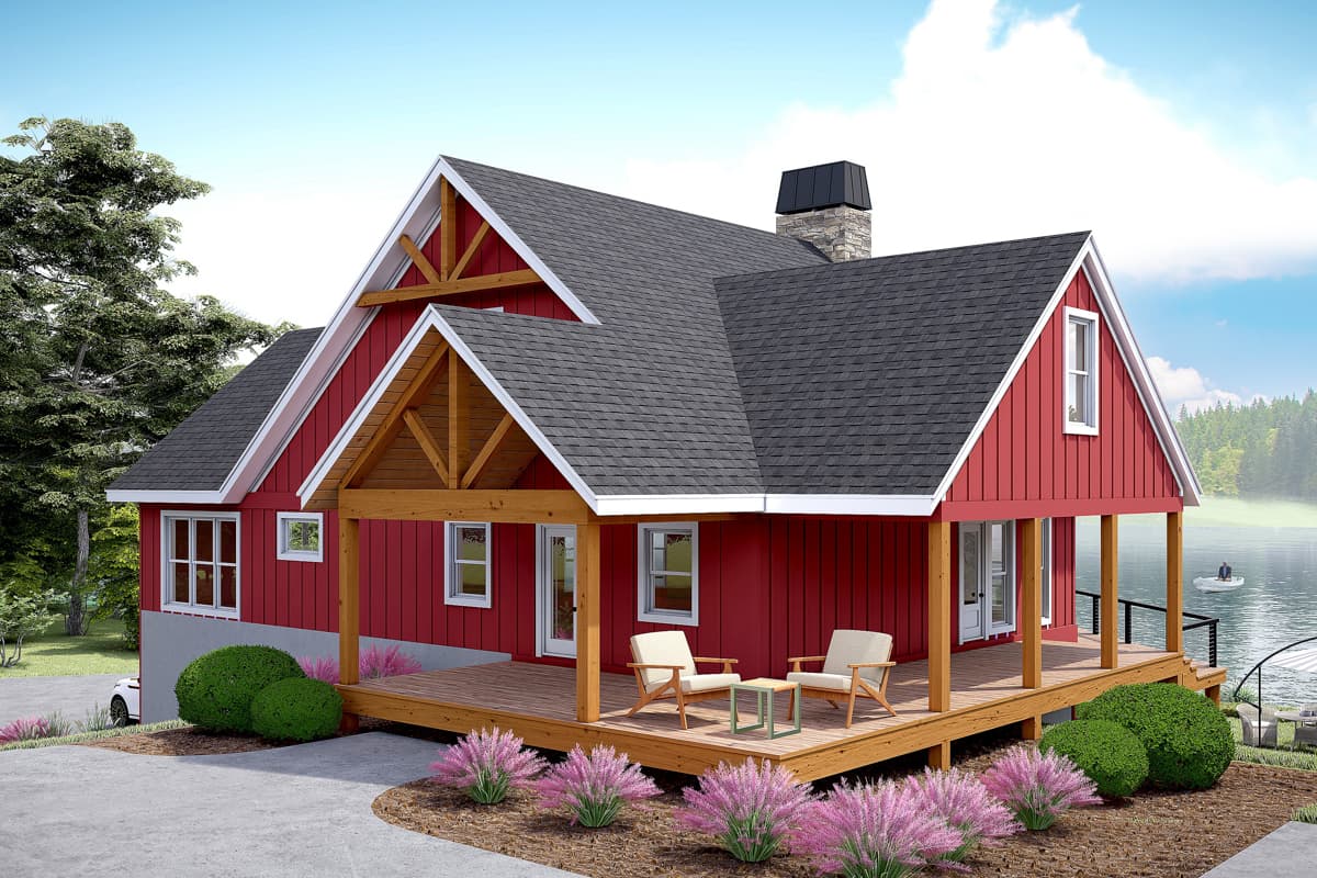 House plan exterior: Modern Farmhouse style, 1.5 stories, with a covered porch, gables, and exposed rafter tails.