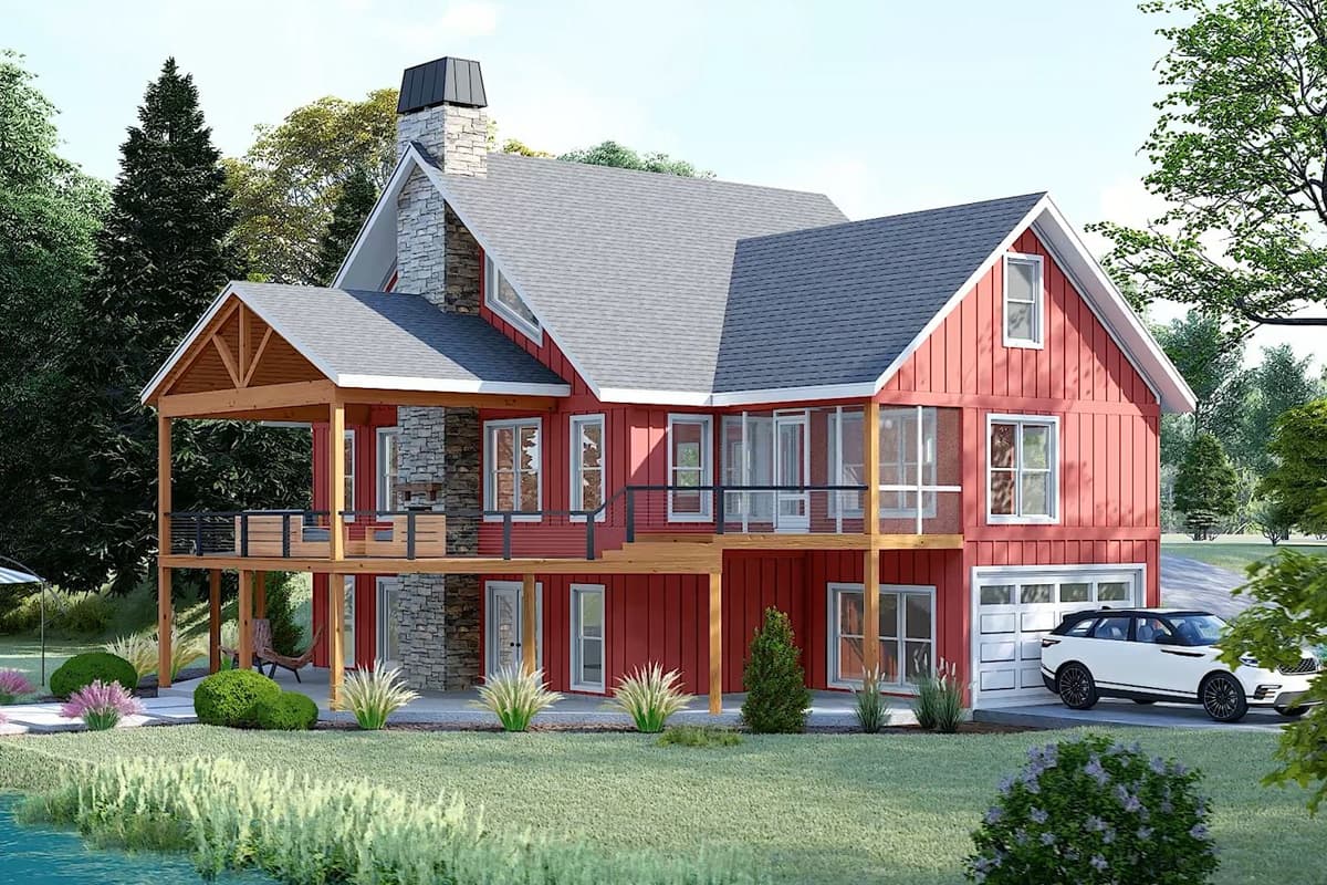 House plan exterior: Modern Farmhouse style, two stories, featuring a prominent stone chimney, covered deck, and attached two-car garage.