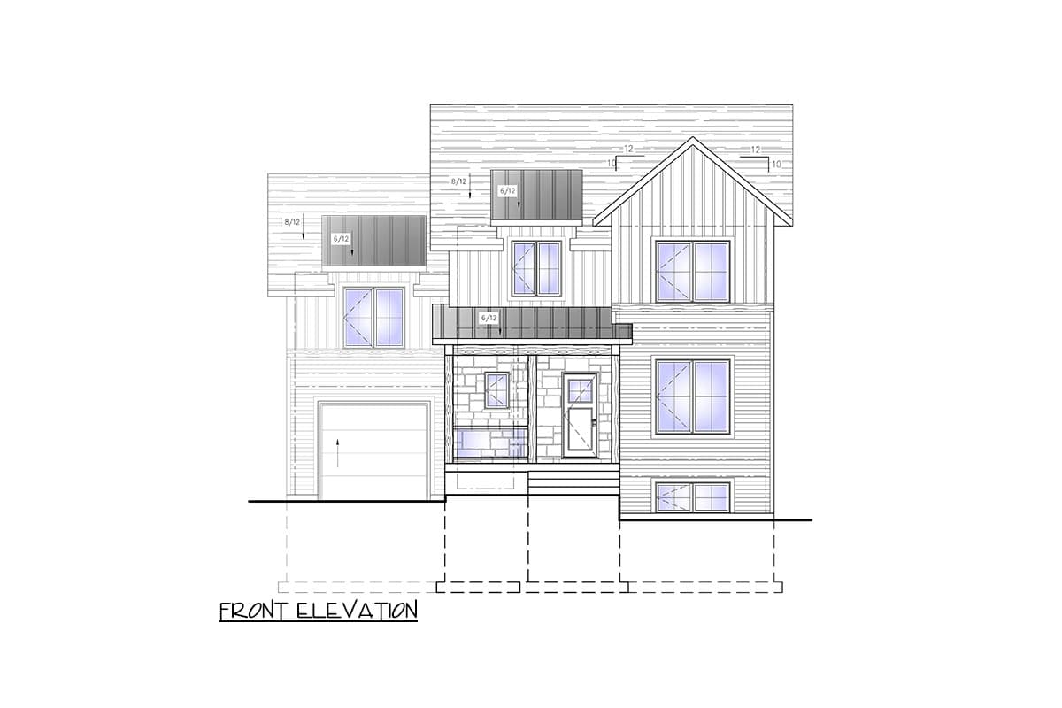 Front elevation drawing of a two-story house plan with a gable roof, front porch, and attached garage.
