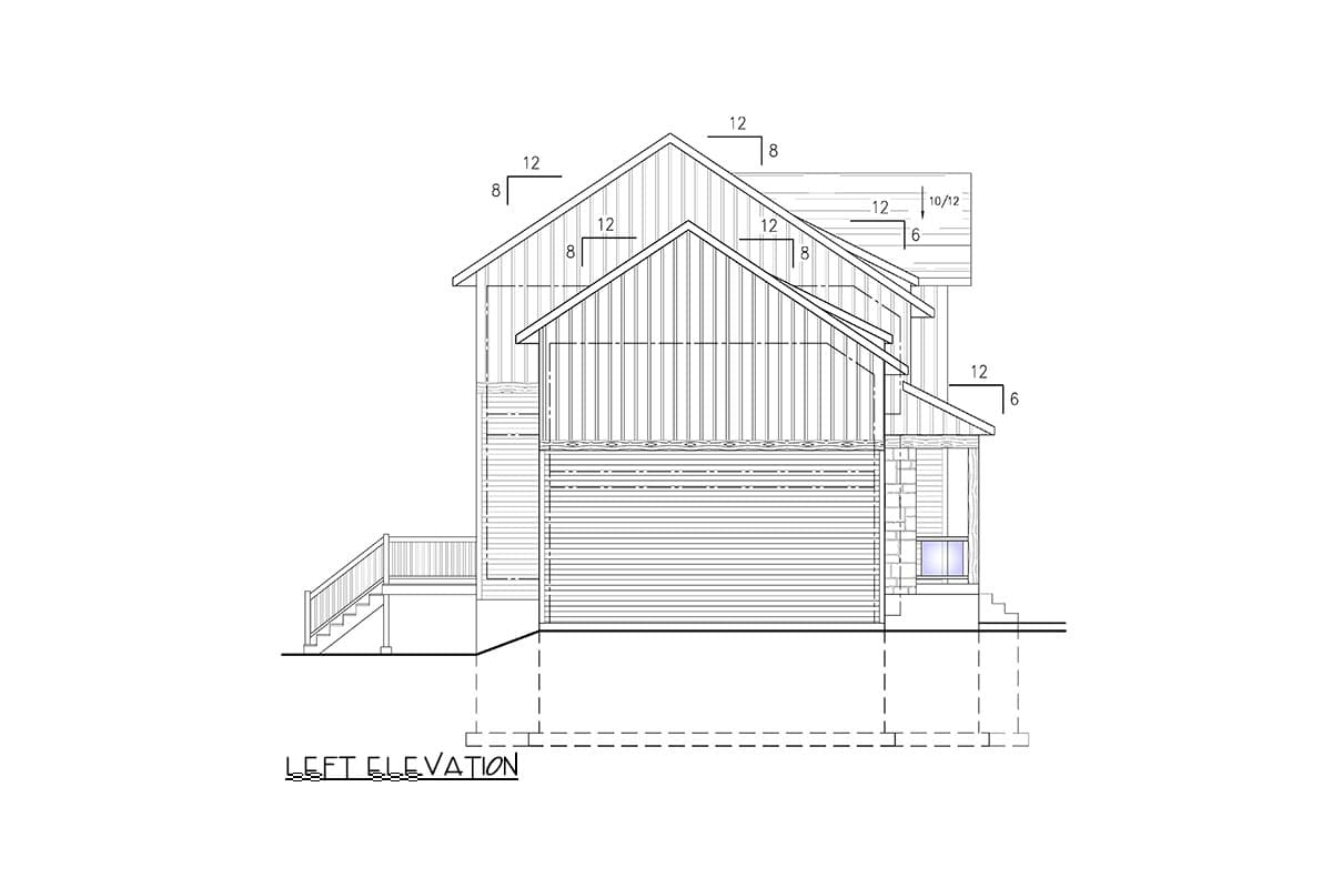 Left elevation house plan showing multiple gables, varied roof pitches, a covered porch, and a detached garage.