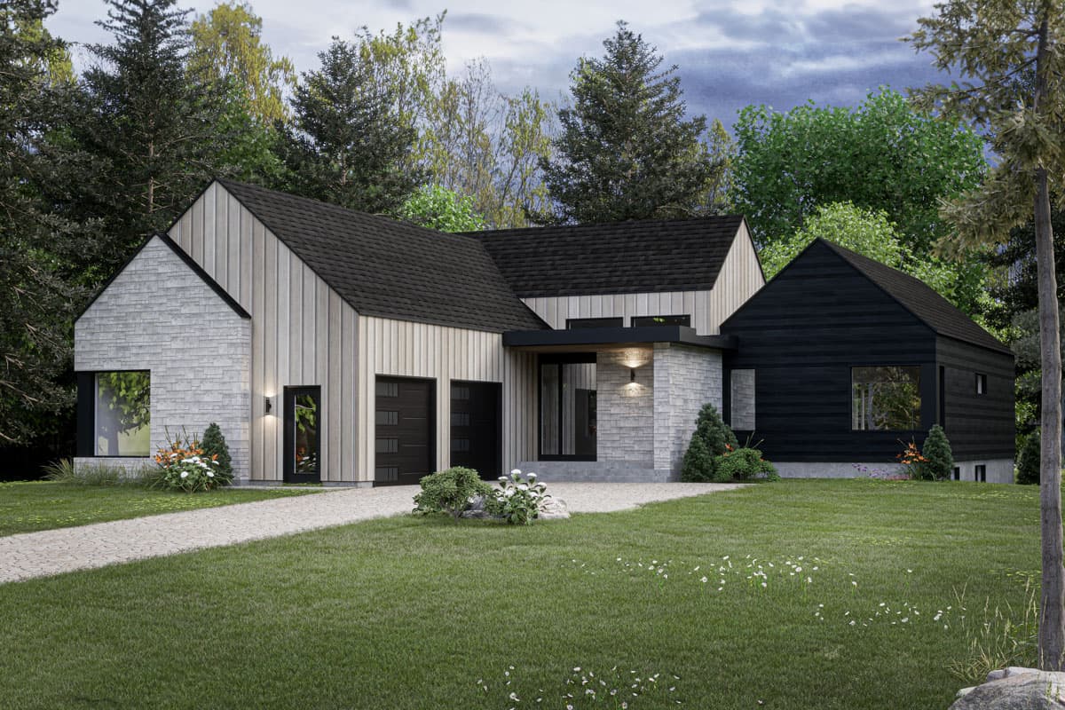 House plan exterior with board and batten siding, multiple gabled roofs, a two-car garage, and stone accent wall at the entry.