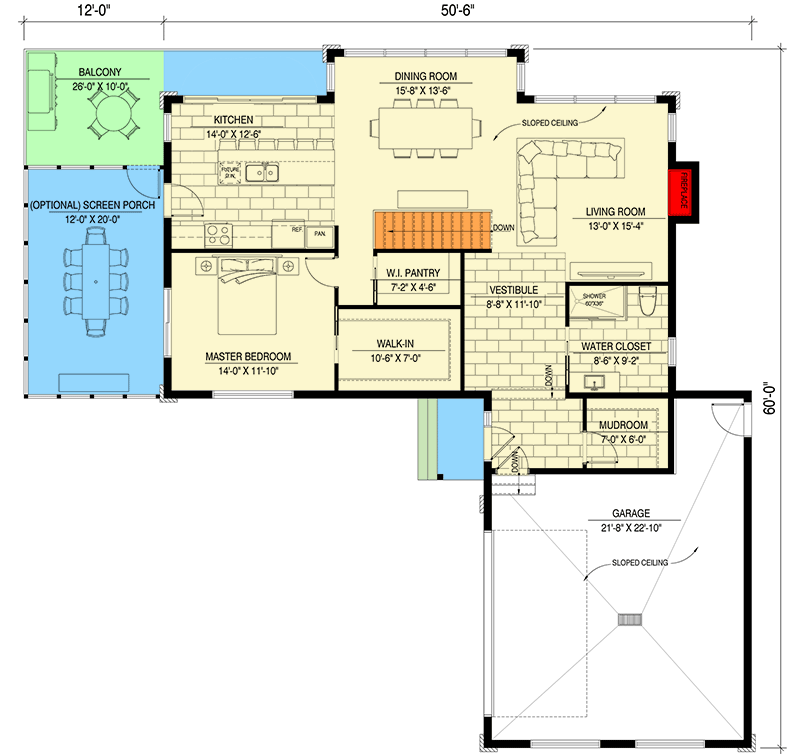 Plan 90358PD: Modern Lake House Plan with Optional Screened Porch - 1330 Sq Ft - Floor Plan - Main Level - Contemporary, Mid Century Modern, Modern, Mountain, Ranch