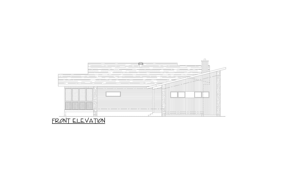 Front elevation drawing of a house with a pitched roof, covered porch with railings, horizontal siding, and multiple windows.