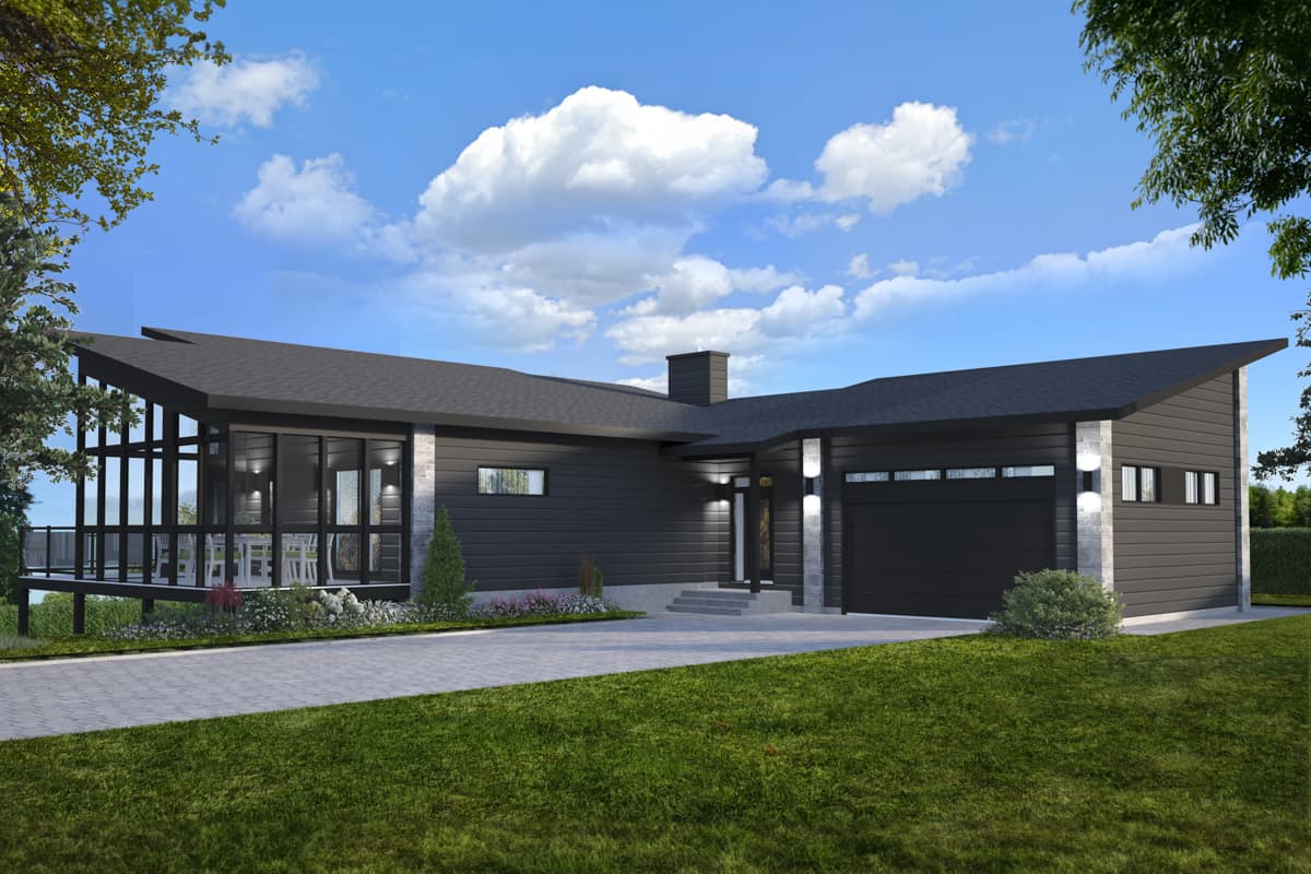 House plan exterior. Modern style, single story home with shed roof, covered entry, glass-walled porch, and attached garage.