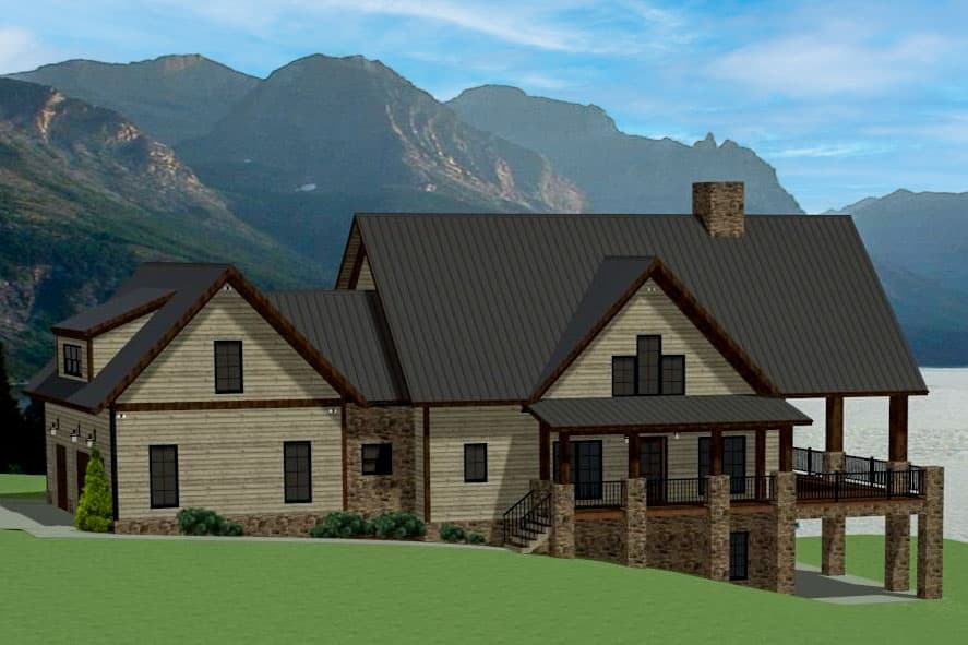 House plan exterior with stone accents, covered porch, multiple gables, and metal roof. Two-story with a garage and a deck.