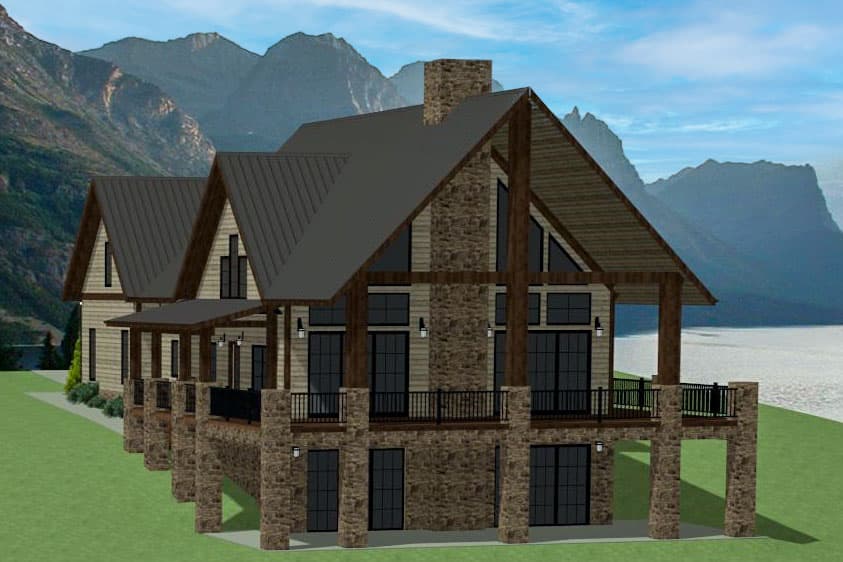 House plan exterior: Modern lodge style with stone base, metal roof, prominent gables, and covered balconies.