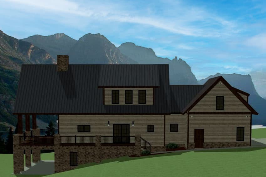 House plan exterior: Two-story Modern Farmhouse with metal roof, stone foundation, large deck, and dormer windows.