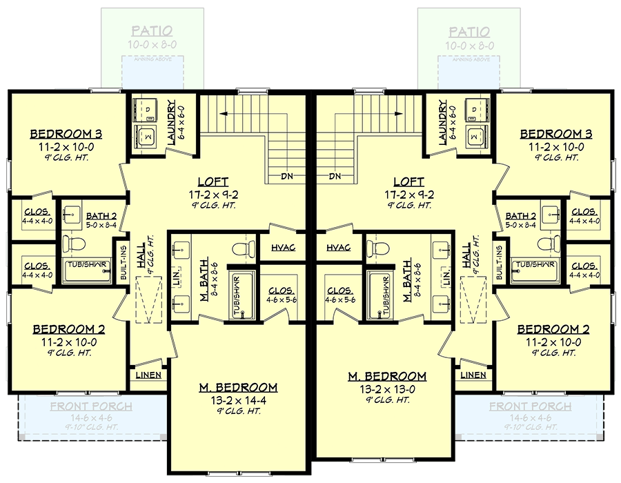 Plan 51969HZ: Modern Farmhouse Style Townhouse Duplex Plan with 3-Bedroom Units - Floor Plan - 2nd Floor - Country, Modern Farmhouse, New American, Traditional
