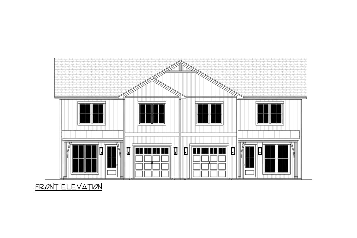Front elevation drawing of a two-story duplex with two garages, gabled dormers, and covered entryways.