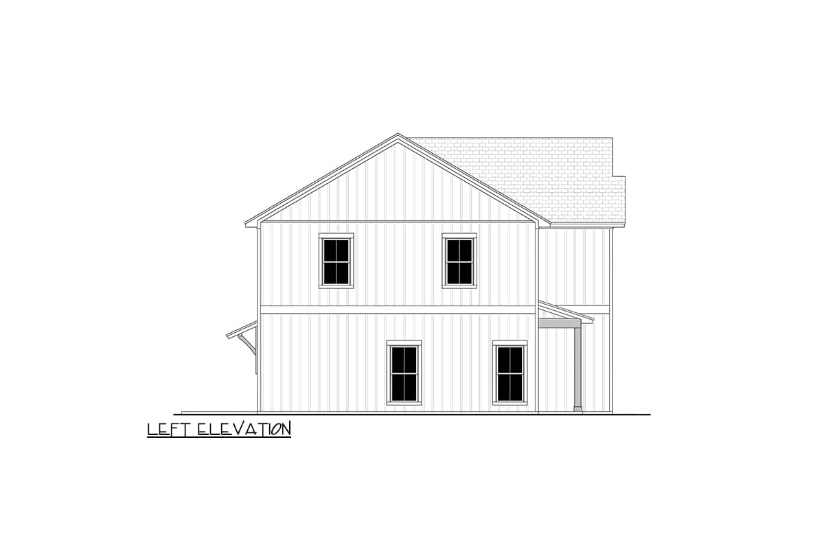 Left elevation drawing of a two-story house with vertical siding, gabled roof, and multiple windows.