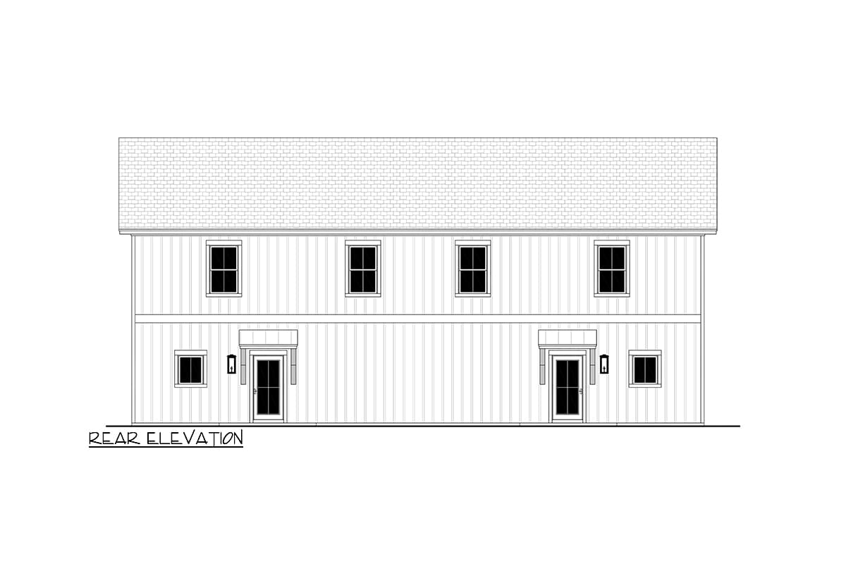 Rear elevation drawing of a two-story house plan with vertical siding, two entry doors with small overhangs, and multiple windows.