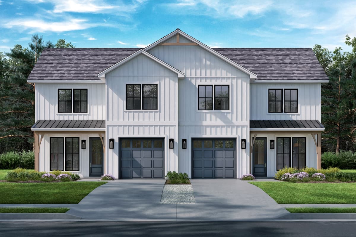 Modern Farmhouse house plan exterior, two stories, vertical siding, gabled roof, two garages, and covered entry.