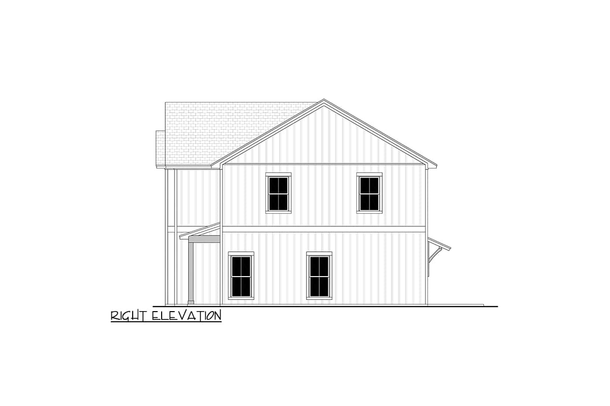 Right elevation drawing of a two-story house with gabled roof, vertical siding, and four windows.