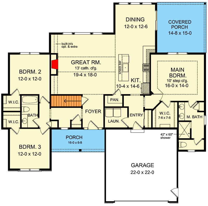Plan 790160GLV: 3 Bedroom House Plan with Open Concept Core and Split Bedroom Layout - 1915 Sq Ft - Floor Plan - Main Level - Country, Ranch, Traditional