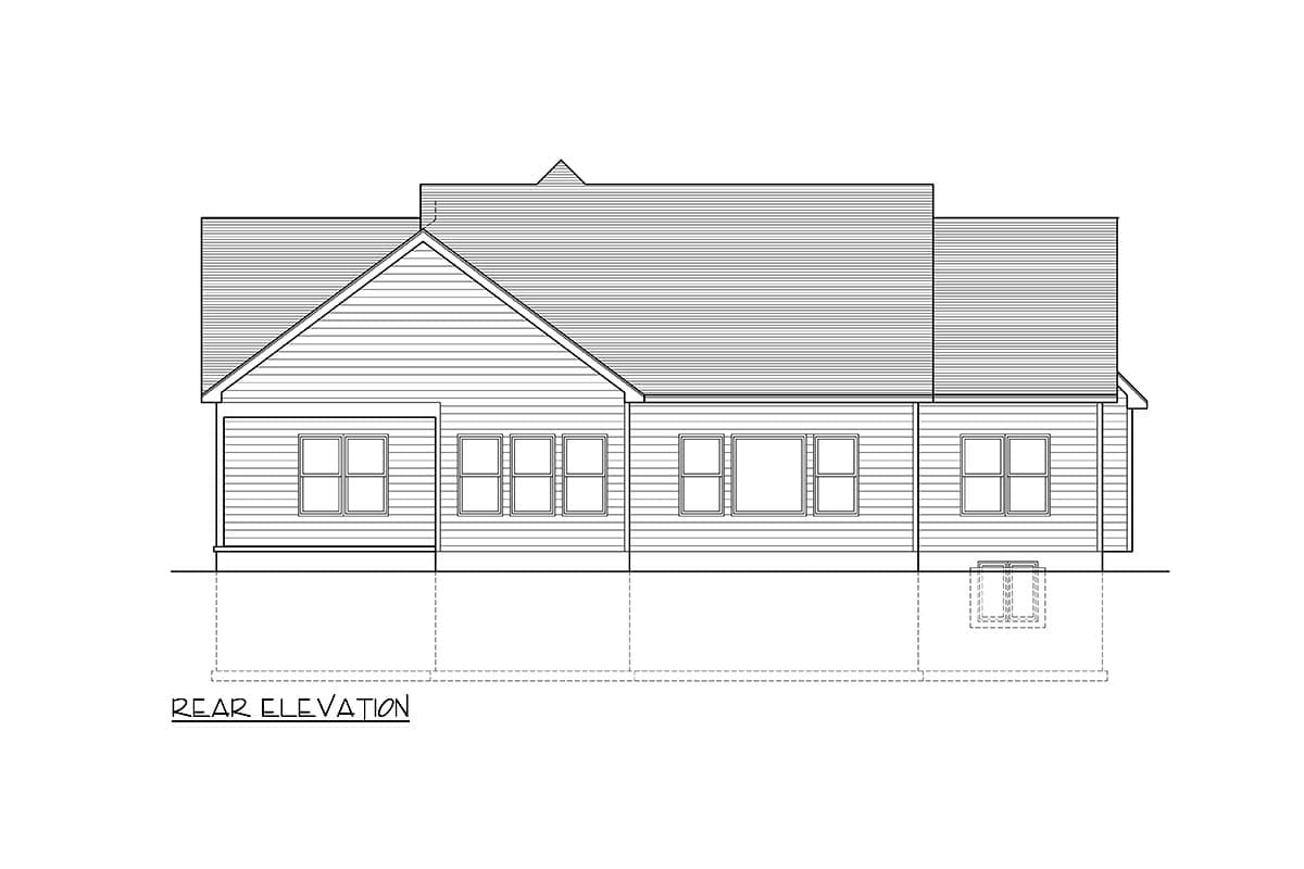 Rear elevation house plan with vinyl siding, multiple windows, and a prominent gable roofline.
