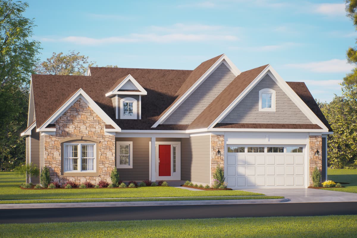 House plan exterior. Craftsman style, single story home with gables, stone accents, and a front-facing garage with multiple windows.