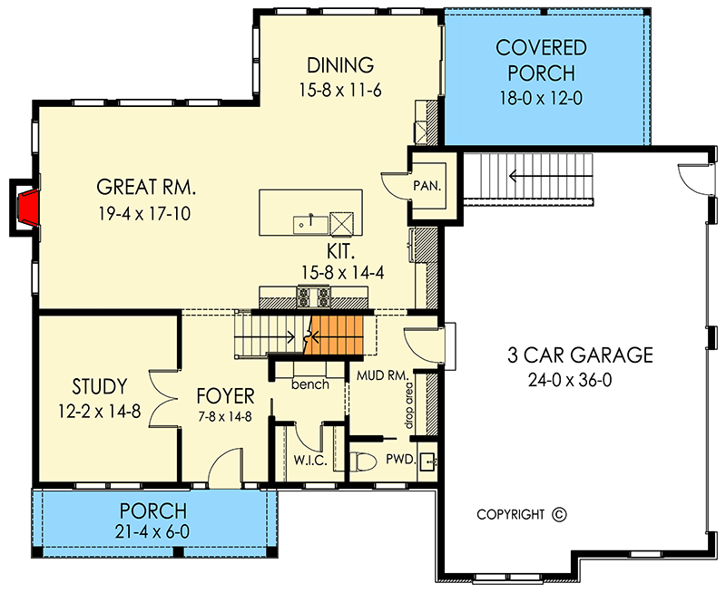 Plan 790161GLV: New American House Plan with 4 Upstairs Bedrooms and a 3-Car Garage - 2873 Sq Ft - Floor Plan - Main Level - Farmhouse, Modern Farmhouse, New American, Northwest