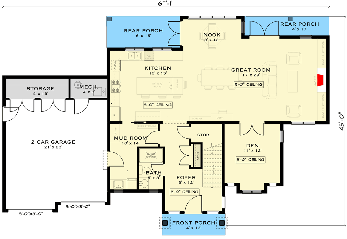 Plan 147015RML: 3-Bedroom New American House Plan with Open Concept Main Floor Plus a Den - 2550 Sq Ft - Floor Plan - Main Level - Country, Modern Farmhouse, New American