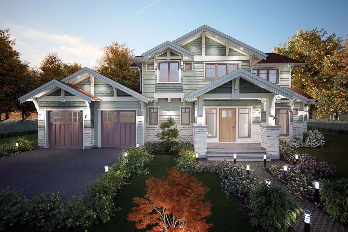 House plan exterior. Two-story Craftsman home with a gabled roof, multiple dormers, and a two-car garage. Features a covered front porch.