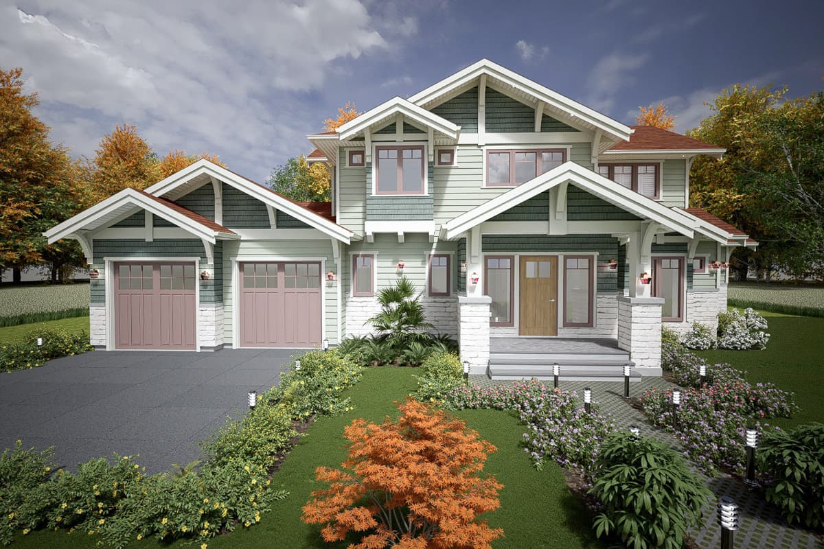 House plan exterior: Craftsman style, two-story with a prominent front gable, wide covered porch, and a double garage.