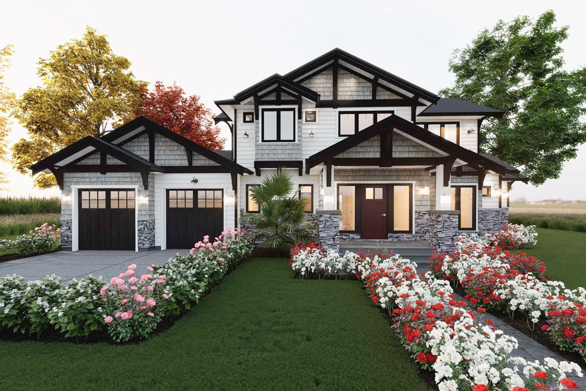 Modern Farmhouse style house plan exterior with two-car garage, prominent gables, stone accents, and covered entry.