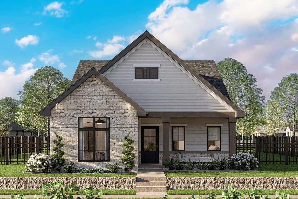 House plan exterior. Craftsman style, single-story home with stone facade and gabled roof. Features include a front porch with columns and a dormer.