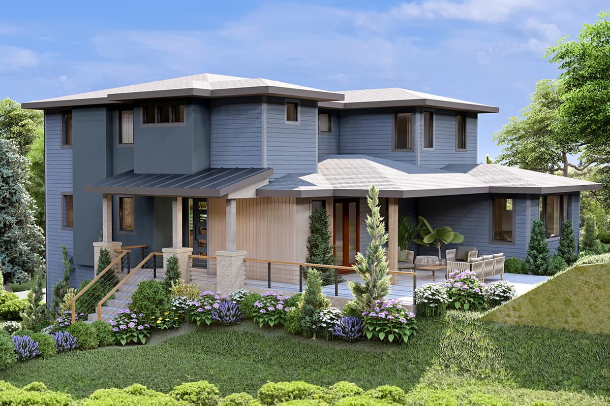 Modern two-story house plan exterior with horizontal siding, multiple rooflines, covered entry, and a wraparound deck with stone pillars.