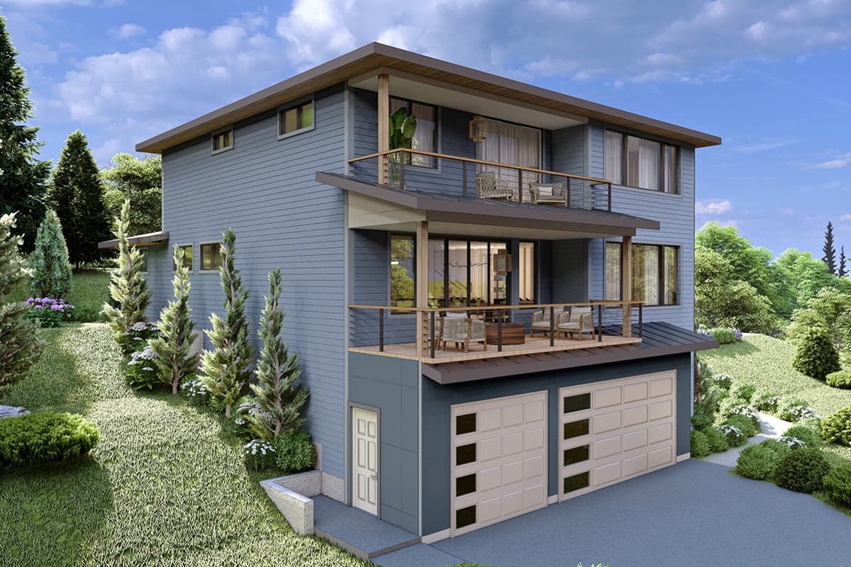 House plan exterior: two-story modern home with two-car garage, multiple balconies, and sloped lot.