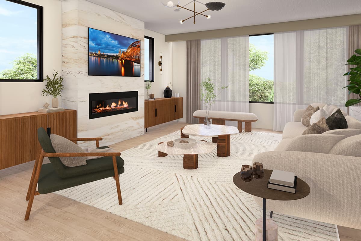 Living room with fireplace, television, sectional sofa, and coffee tables with modern furniture.