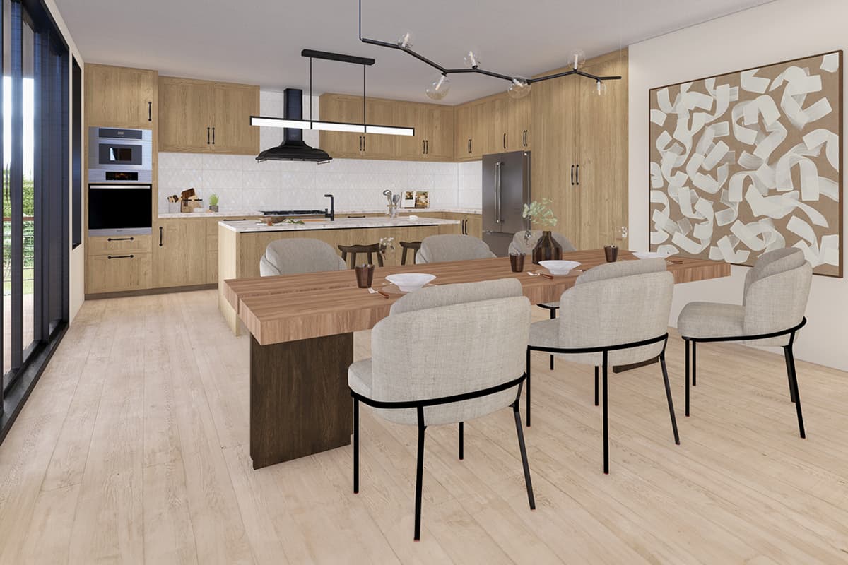 Modern kitchen and dining area with light wood cabinetry, island, pendant lighting, and wooden dining table with chairs.