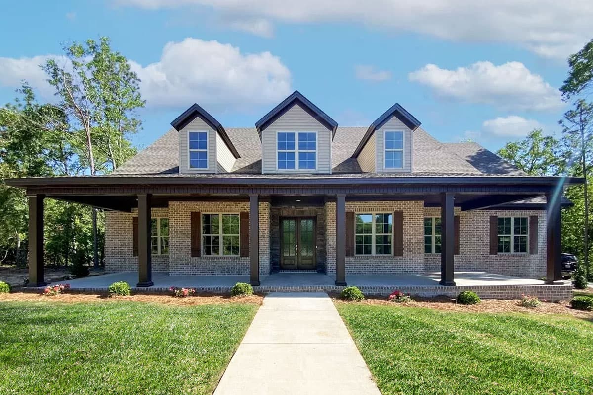 House plan exterior featuring brick facade, covered porch with columns, three dormers, and a gabled roof.