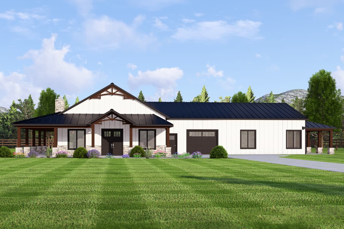 House plan exterior with modern farmhouse style. Features include a covered porch, gable roof, and attached garage. One story structure.