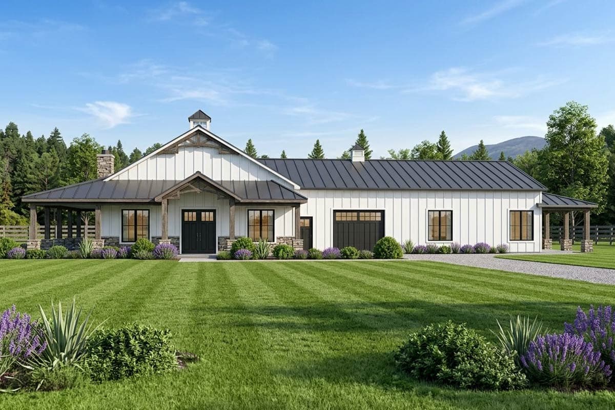 House plan exterior with modern farmhouse style. Features include a covered porch, gable roof, and attached garage. One story structure.