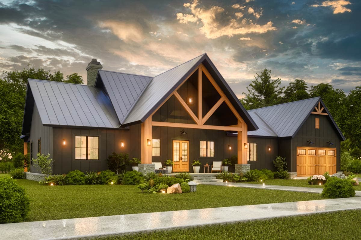 Modern Farmhouse house plan exterior with dark siding, gabled roof, exposed wooden beams on entry porch, and a three-car garage.