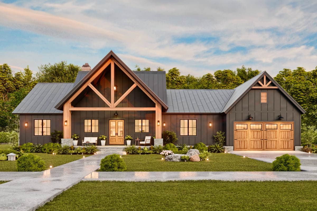 Modern Farmhouse house plan exterior with prominent gable, exposed wood beams, metal roof, and multi-car garage.