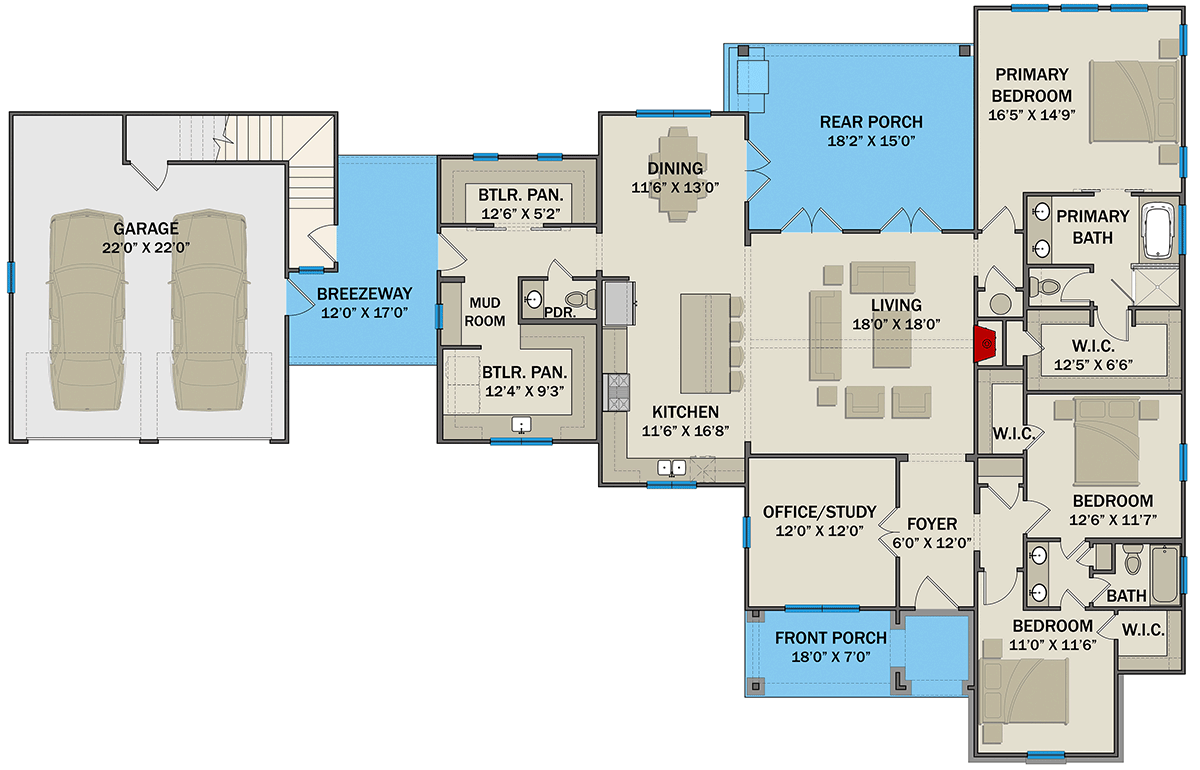 Plan 25441TF: 3-Bed Country Cottage House Plan with Optional Loft Above Garage - 2235 Sq Ft - Floor Plan - Main Level - Colonial, Cottage, Country, Ranch