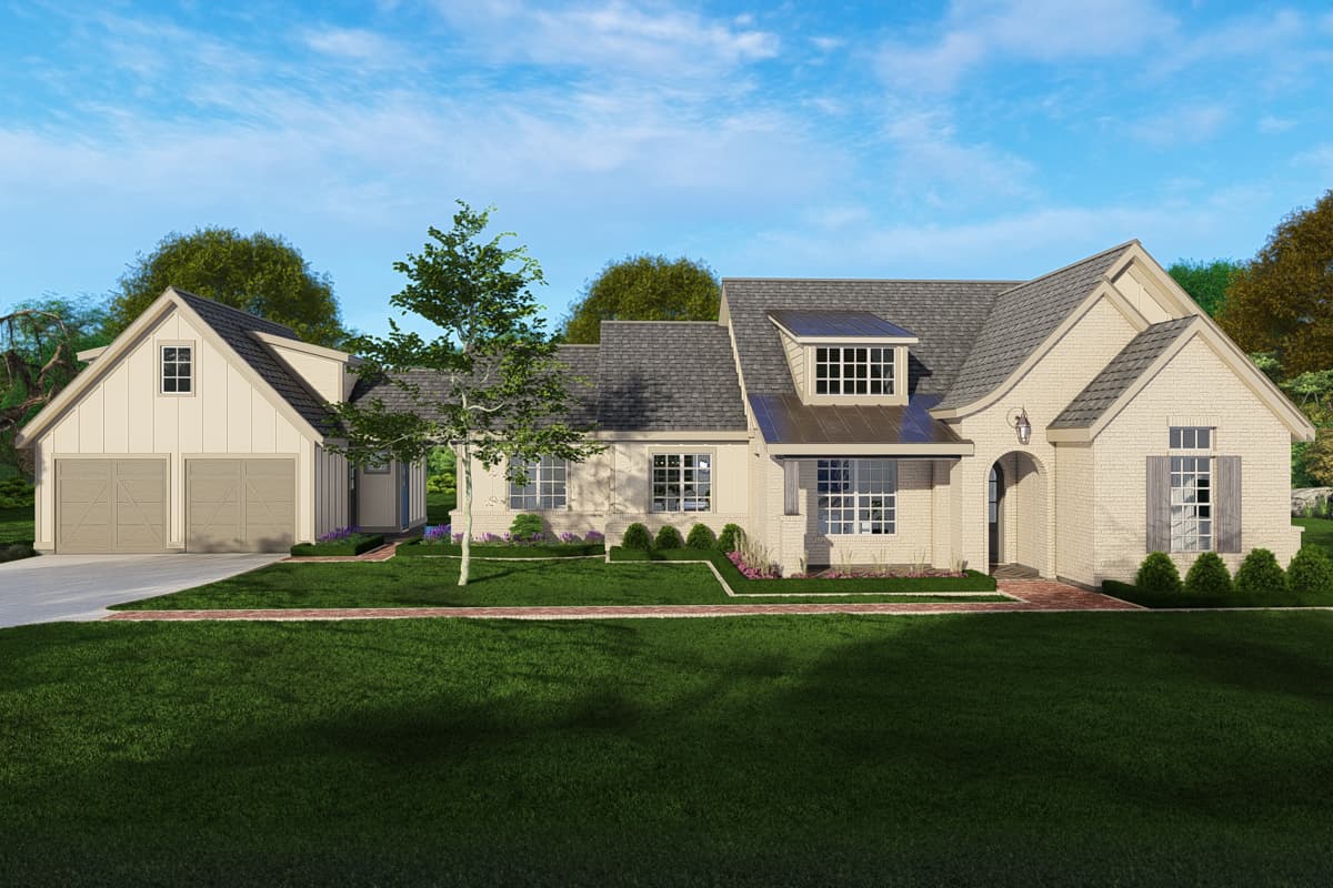 House plan exterior. Two-story, farmhouse-style home with gabled roof, dormer, and attached garage. Brick facade and covered entryway.