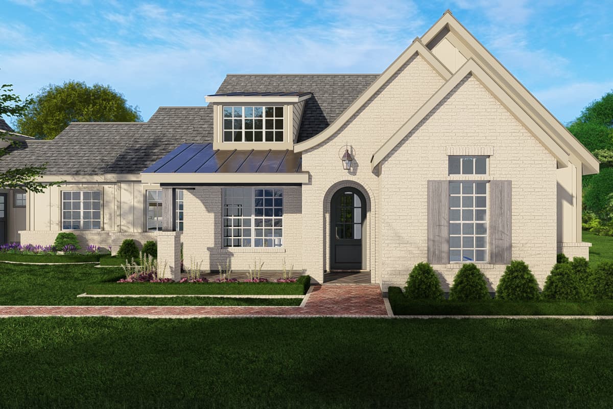 House plan exterior with brick facade, arched entry, dormer, and metal roof accents. Modern Farmhouse style.
