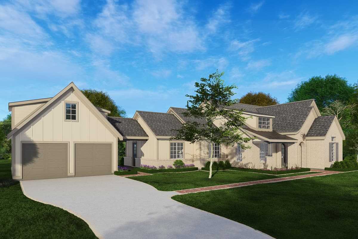 House plan exterior featuring a two-car garage, dormers, gables, and brick facade.