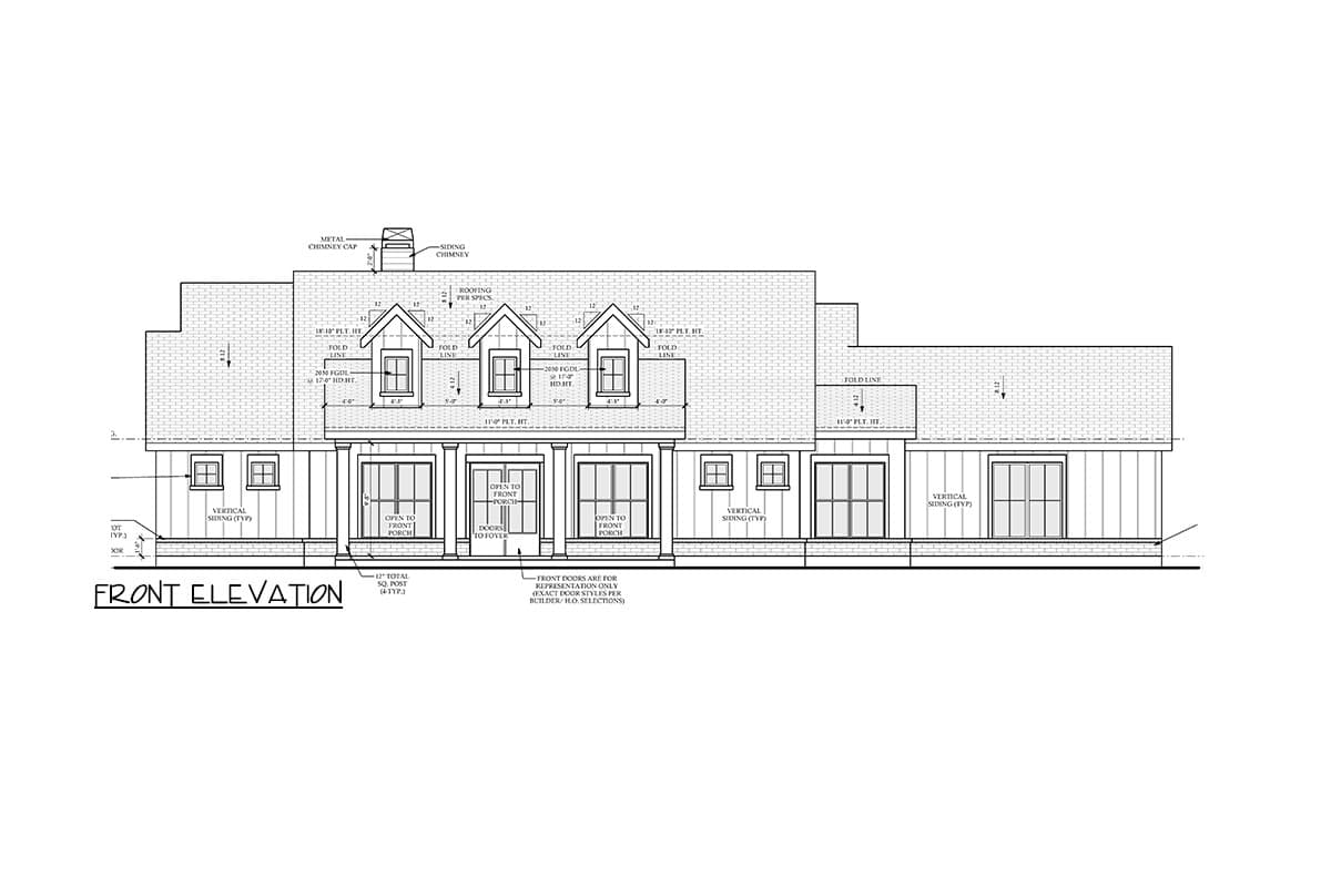 Front elevation house plan with a central covered porch, multiple gables, dormers, and vertical siding.