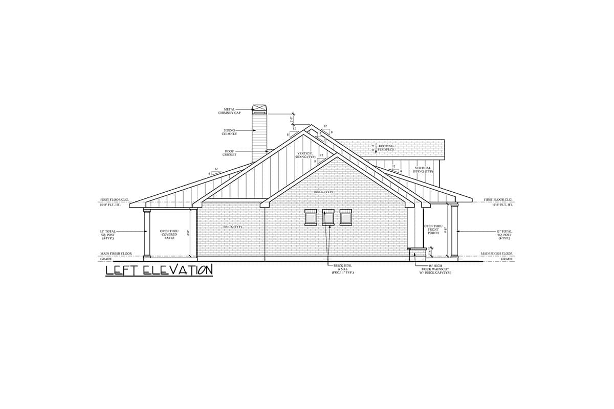 Left elevation floor plan showing brick and siding exterior, covered front porch, and gabled roof.