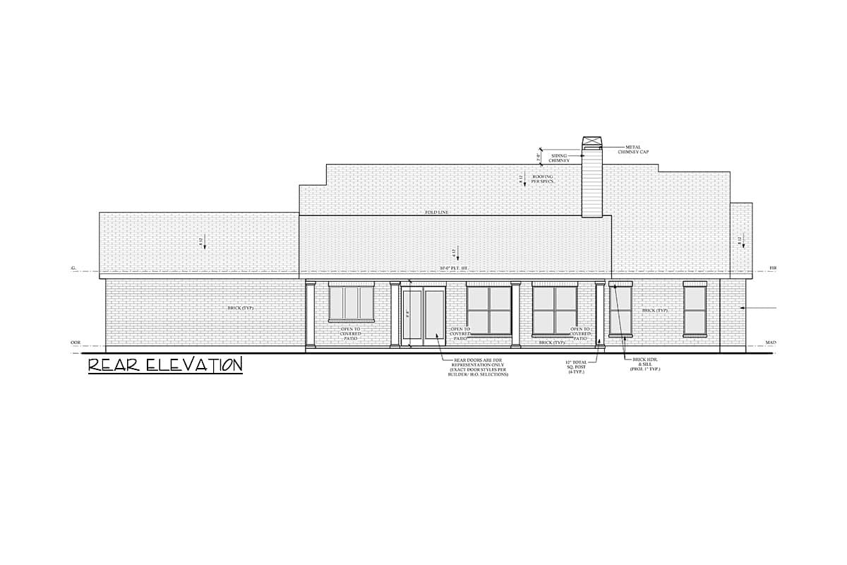 Rear elevation house plan showing brick exterior, covered patios, multiple windows, and chimney.