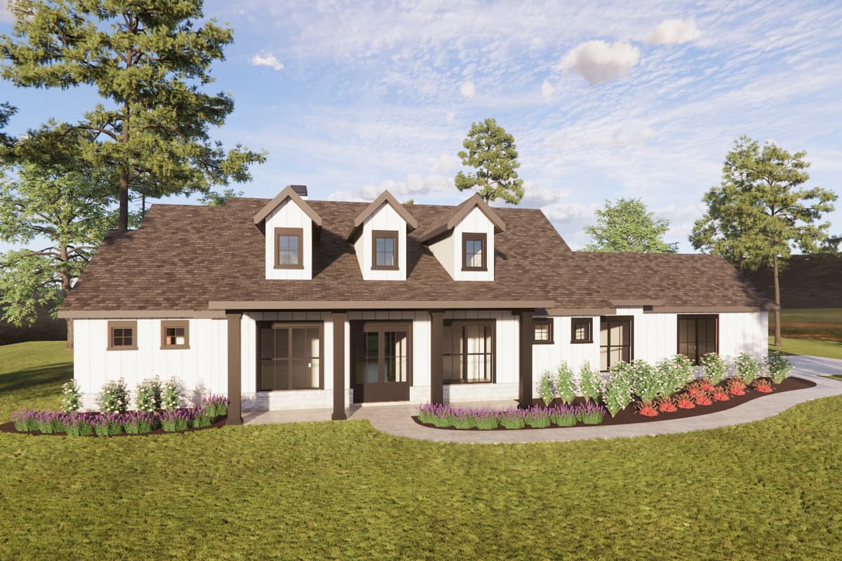 House plan exterior in a Modern Farmhouse style. Features include three gabled dormers, a covered porch, and a hipped roof. Single story.