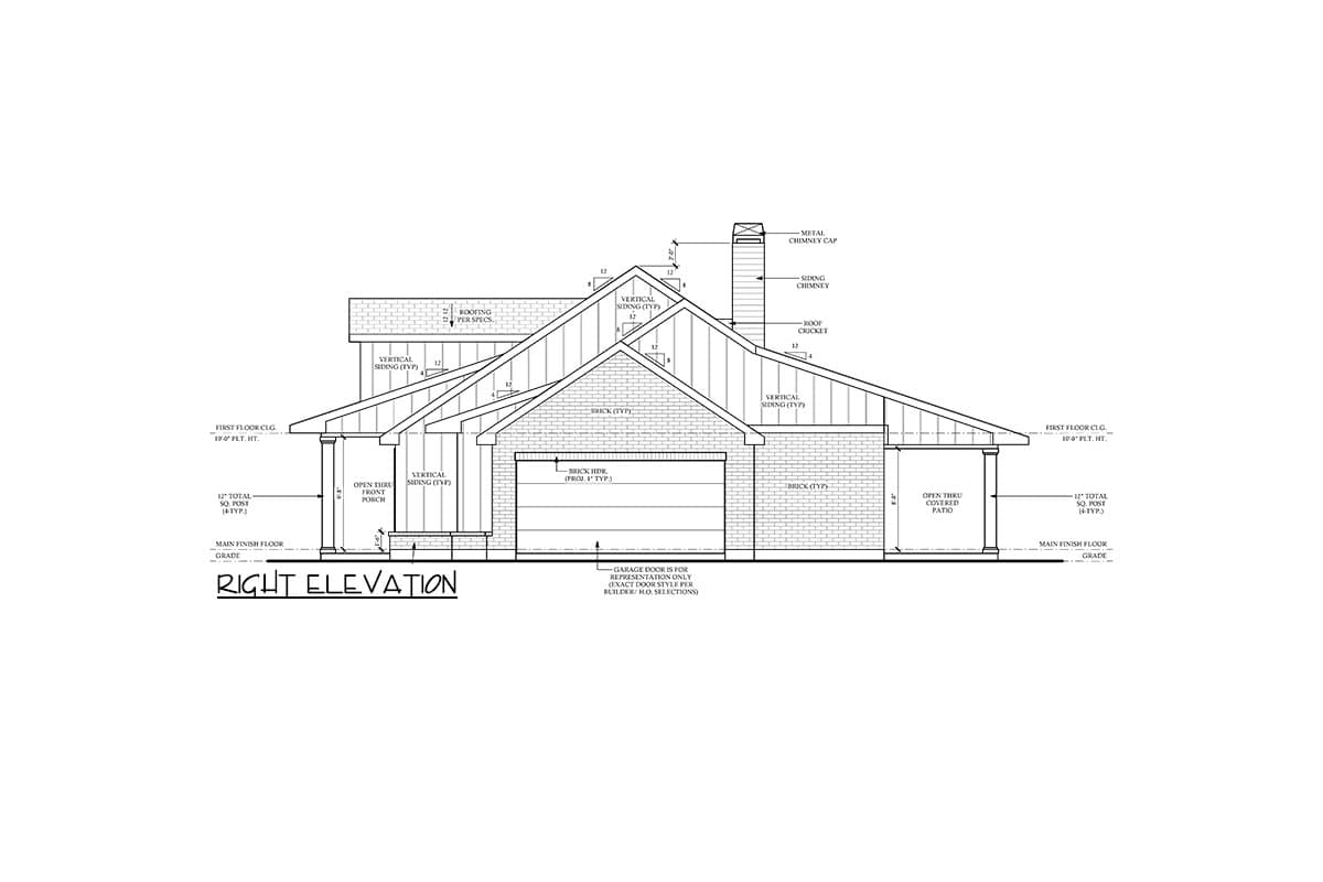 Right elevation house plan with vertical siding, brick accents, gabled rooflines, chimney, and open front porch.