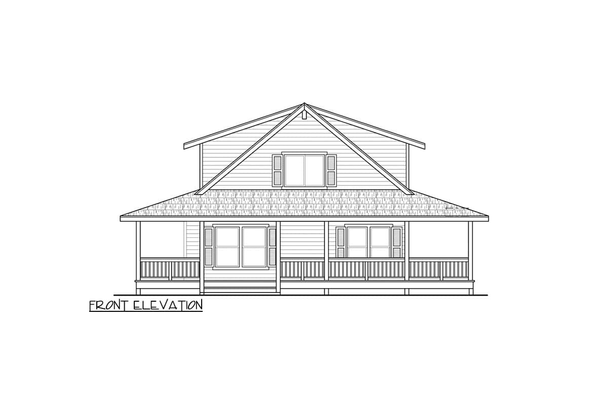 Front elevation drawing of a two-story house with a wrap-around porch, gabled dormer, and multi-pane windows.